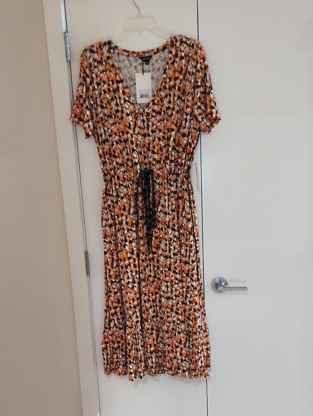 NWT Women's Orange Print Tie-Waist Midi Dress, Size 14-16